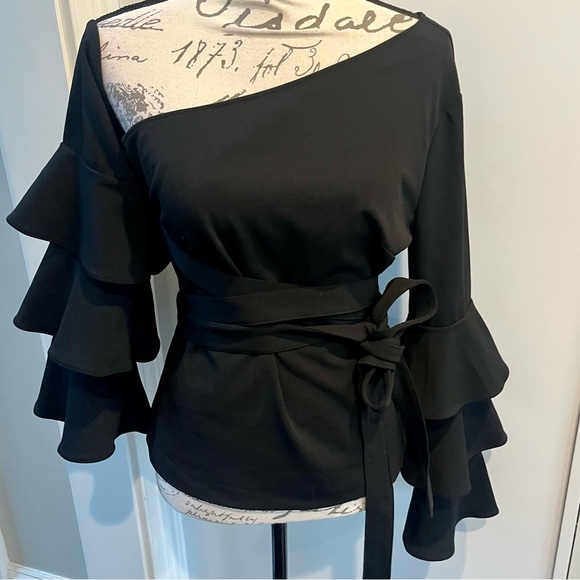 VENUS Ruffle Off the Shoulder One Sleeve Tie Waist Top - Picture 7 of 16